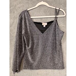 Willow + Root Silver Metallic One Shoulder Puff Sleeve‎ Shimmer Top XL ST11816